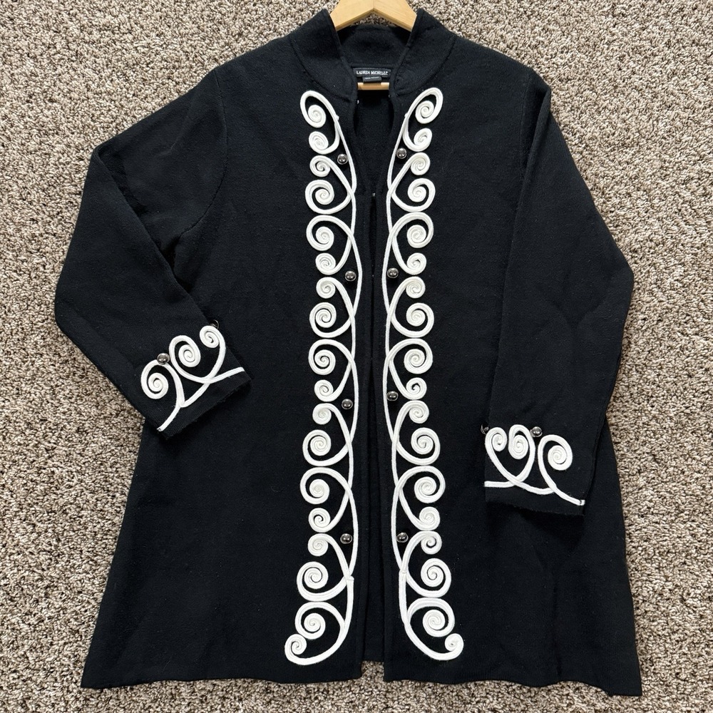 Lauren Michelle Embroidered Knit Jacket Cardigan XL Black Boho Chic Statement